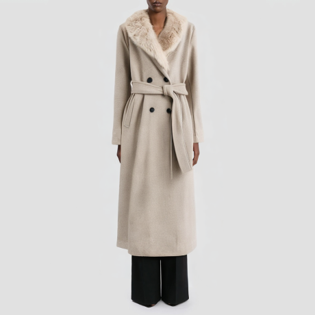 Double-breasted belted faux fur coat