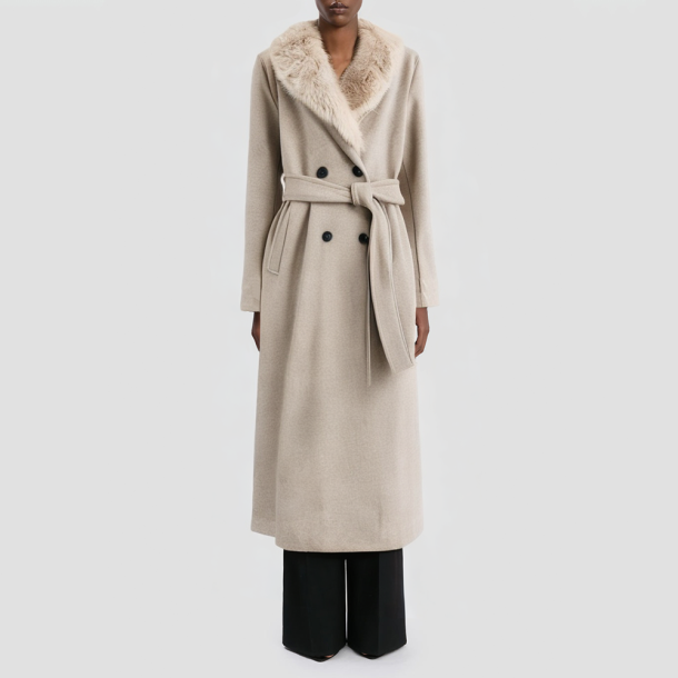 Double-breasted belted faux fur coat
