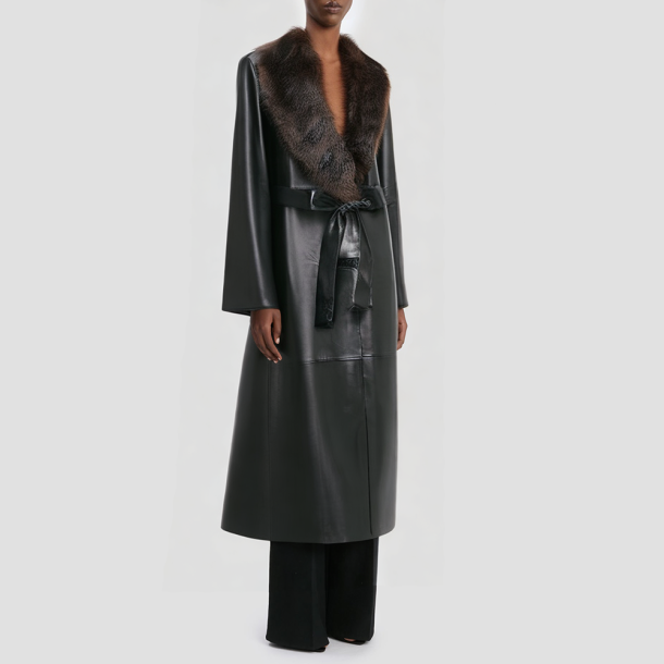 Women's long coat with detachable faux fur collar