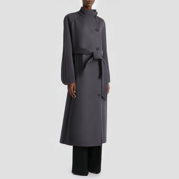 Stand-collar belted long-sleeved jacket