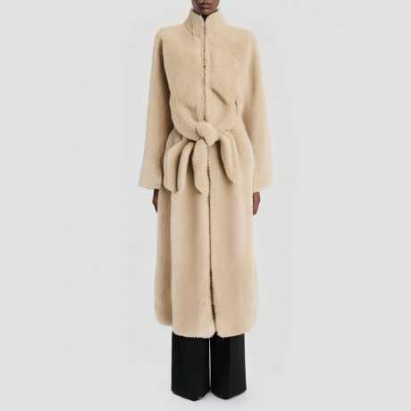 Faux fur collar belted coat