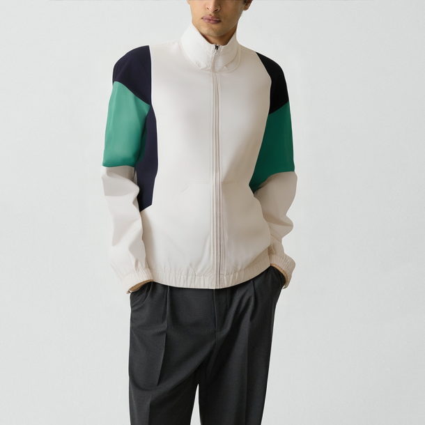 Men's hooded jacket with contrasting color paneling