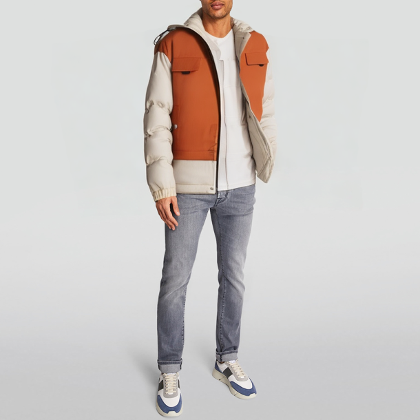 Brown patchwork hooded warm down jacket