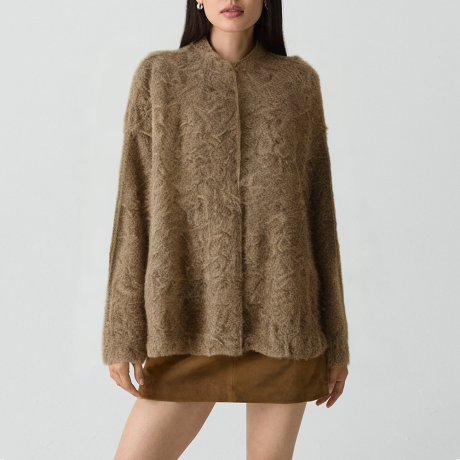 Round-neck jacket with raw edge finish