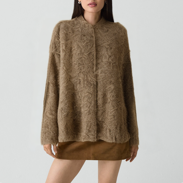 Round-neck jacket with raw edge finish