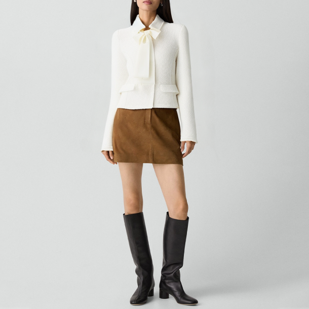 Retro lapel bow-tie textured coat