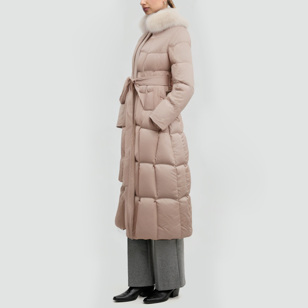 Down jacket with fox fur collar and drawstring hood